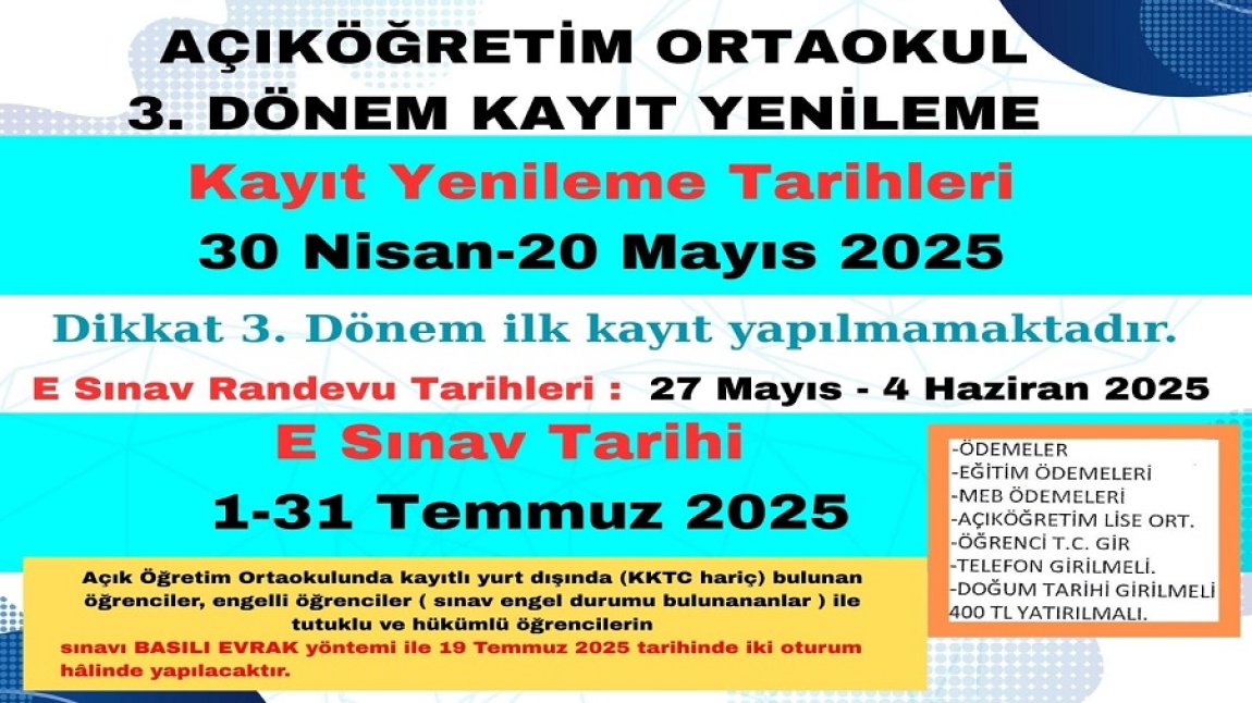AÇIK ÖĞRETİM ORTAOKULU KAYIT YENİLEME İŞLEMLERİ BAŞLAMIŞTIR.